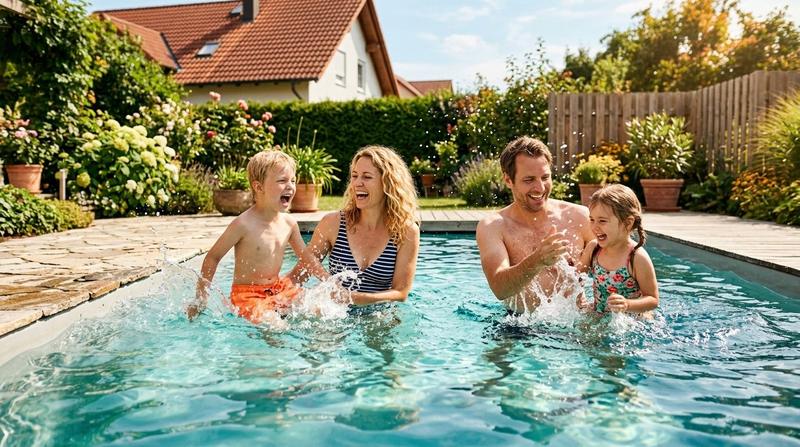 Familie im privaten Salzwasserpool