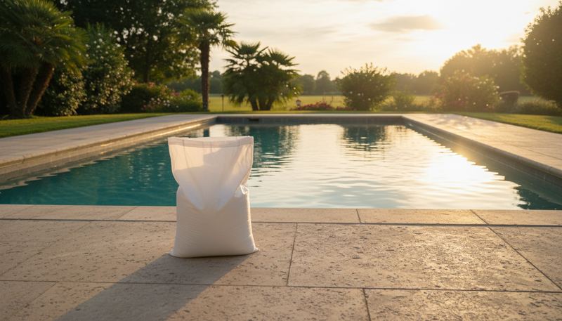 Sack Poolsalz neben einem Gartenpool bei Abendsonne
