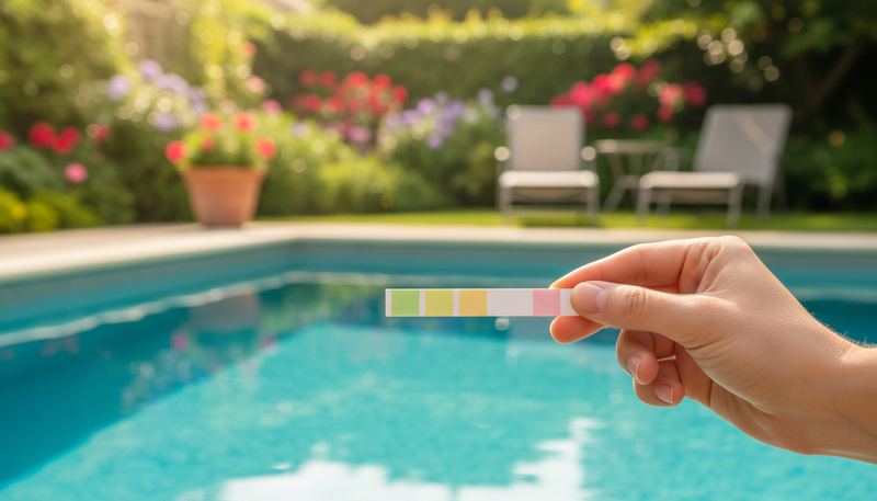 Teststreifen wird über das Poolwasser gehalten